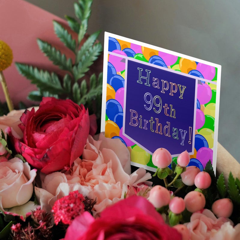 3DROSE Greeting Card - Balloons with Purple Banner Happy 99th Birthday - Birthday Design - Image 3